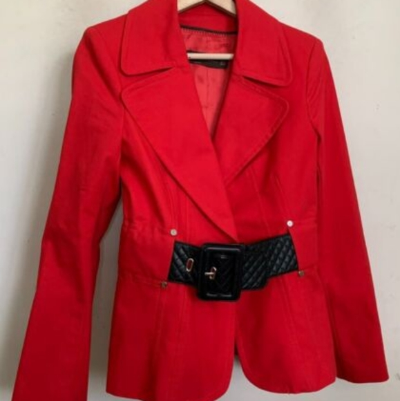 Zara Jackets & Blazers - Zara Woman Blazer Jacket Red Tailored Wide Faux Leather Belt Snap Lined Size 4